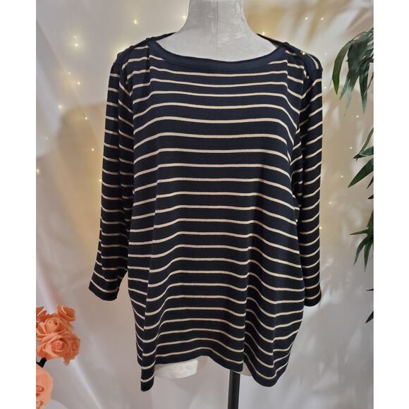 Lauren Ralph Lauren Striped Boat Neck Gold Logo Button Top Womens Sz 3X Neutral - Picture 1 of 9